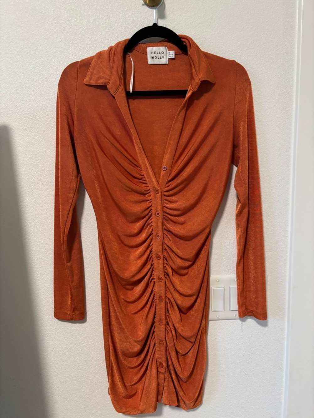 Hello Molly Burnt Orange Ruched Button-Front Mini Dress